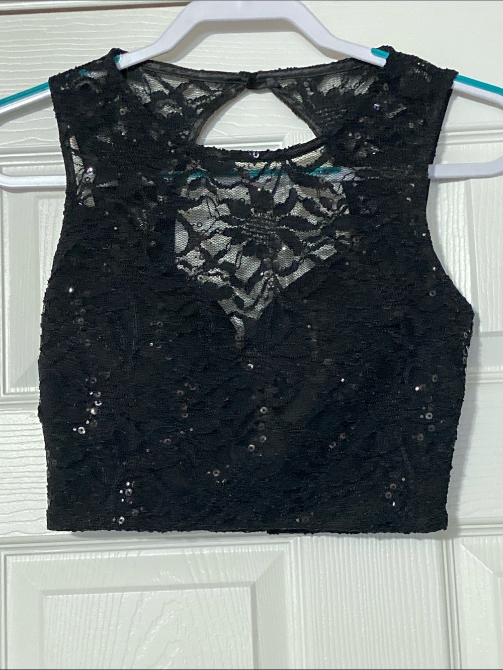 B Darlin Black Lace Sequin Crop Top - size Large
